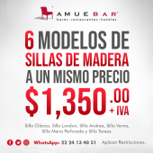 6 MODELOS DE SILLAS EN MADERA A UN MISMO PRECIO!!! $1,350 + iva.
Silla Clásica, Silla London, Silla Andrea, Silla Verna, Silla Mena Perforada y Silla Teresa. - Mueblería Amuebar - Muebles para Negocio