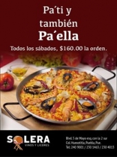 Promoción Solera para este Sábado
Por cada 4 órdenes de paella (Orden de 1/2 kg, Precio $160.00) , llévate una botella de vino blanco Español Fuente Viña GRATIS (Con valor de $170.00) - Solera Vinos, Licores y Alimentación Gourmet