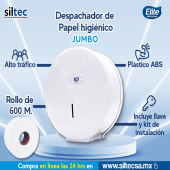 Despachador de papel higiénico JUMBO
Ideal para lugares con alto tráfico.
Apto para papel de 600 M.
Elaborado con plástico ABS.
Incluye llave y kit de instalación. - Siltecsa - Venta y distribución de equipo y artículos de limpieza para hogar, negocios e industria