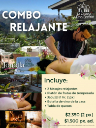 Combo relájate 

Incluye:2 masajes relajantes, platón de frutas de temporada, Jacuzzi (1 hr 2 px),...